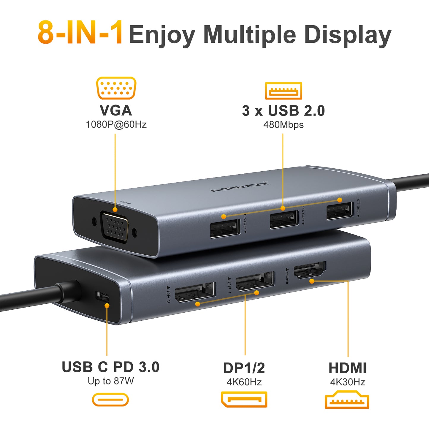 ABIWAZY USB C Docking Station Dual Monitor for HP Dell Lenovo Thinkpad Surface, 8 in 1 Computer Multiple Monitor Hub Adapter to Dual 4K HDMI, DisplayPort, VGA, 100W PD, 3 USB 2.0 for Windows Laptops