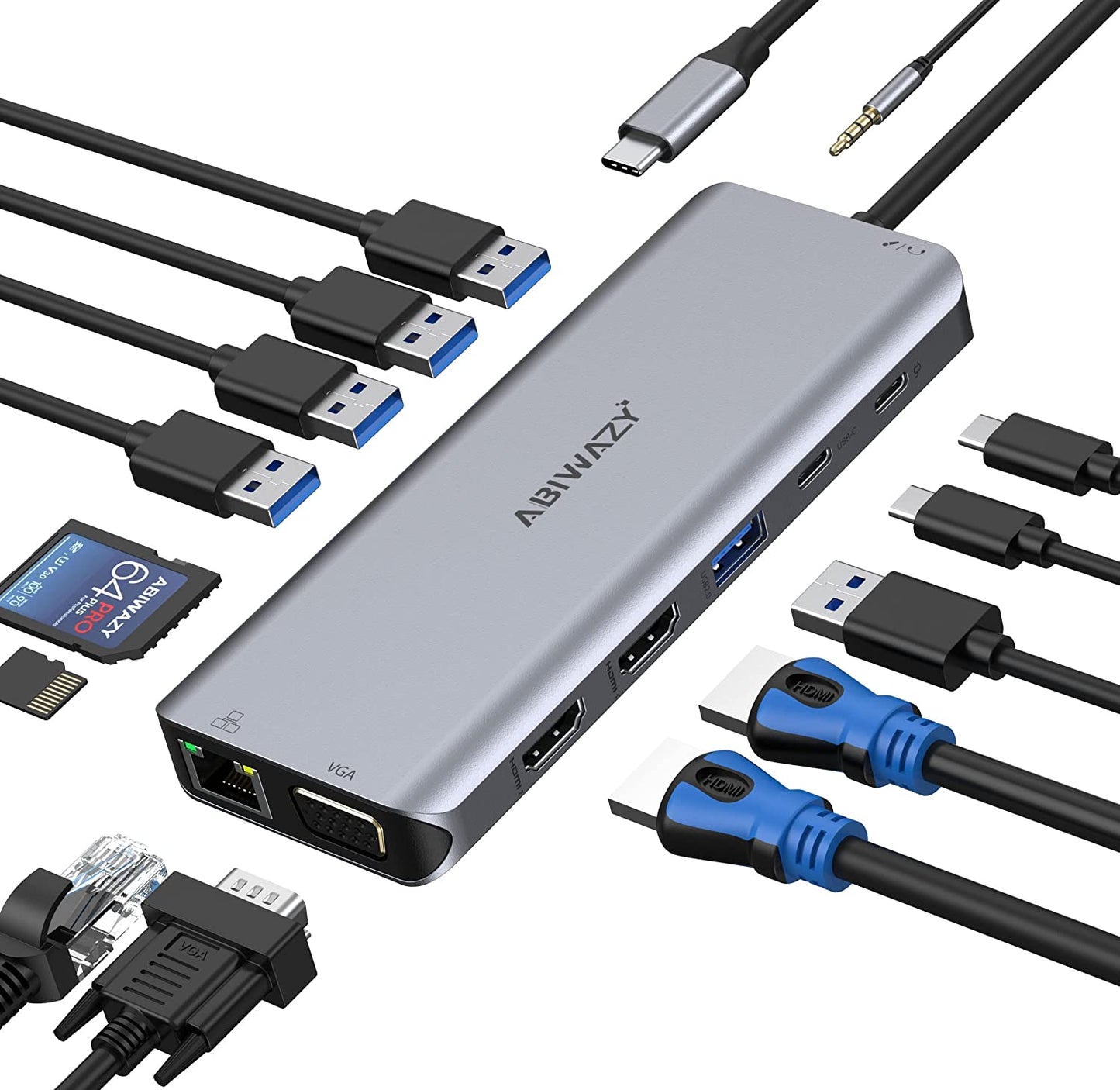 USB C Docking Station Dual Monitor for Dell/HP/Lenovo/Surface Laptop, 14 in 1 Triple Display Hub Multiple Adapter, Dongle with 2 HDMI 4K+VGA+5 Port+100W PD Charger+Ethernet+SD/TF+Audio