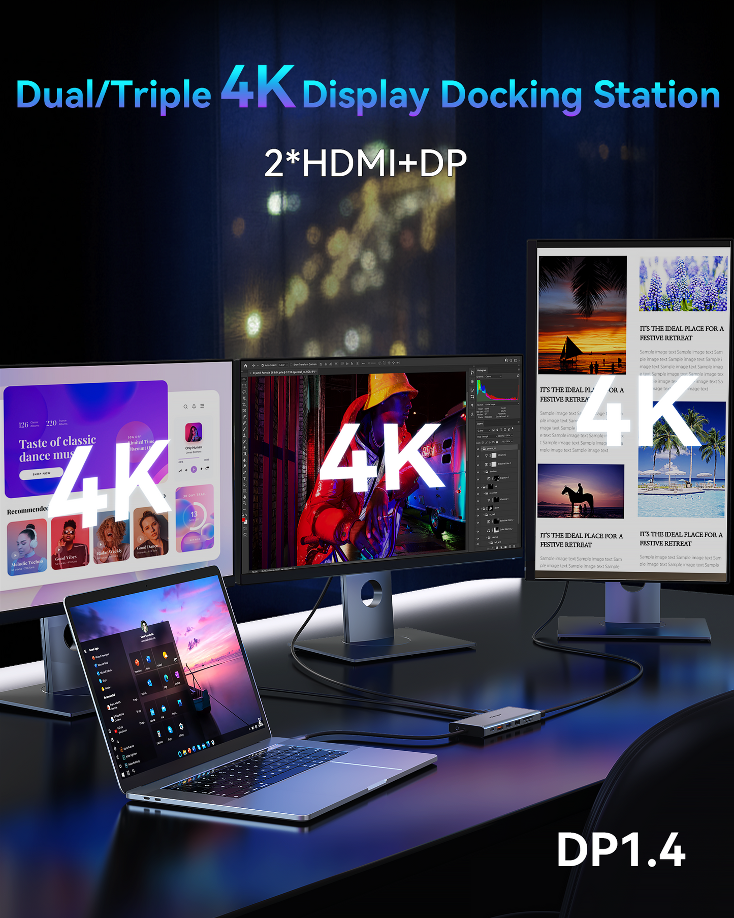 USB C Docking Station Dual Monitor for Dell/HP/Lenovo Laptop, Triple 4K Display Single 8K@30Hz/4K@120Hz,14 in 1 USB C Hub Multiple Adapter with 2 HDMI+DP+USB3.1+6 USB+RJ45+PD+SD/TF+Audio for iPhone 15