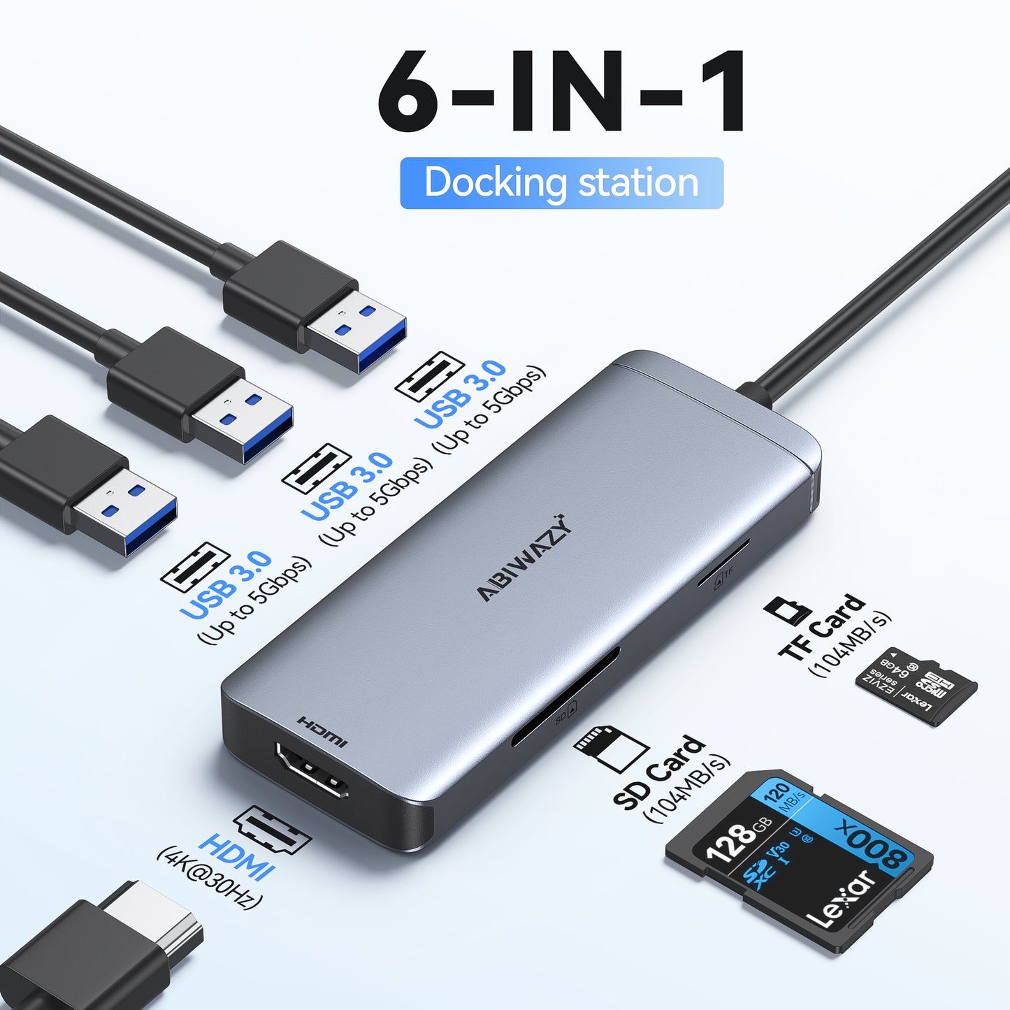 USB C Hub 6 in 1 Dongle USB C Adapter USB-C to HDMI Multiport Adapter with 4K HDMI,3 USB3.0 Ports,SD/TF Card Reader,Laptop Dock for MacBook Air 2022/2021/MacBook Pro 2023/2022,Dell,HP,Lenovo,Surface